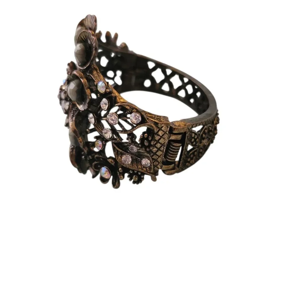 Floral Statement Cuff Bracelet - Brass & Gold Tones With Green Stones